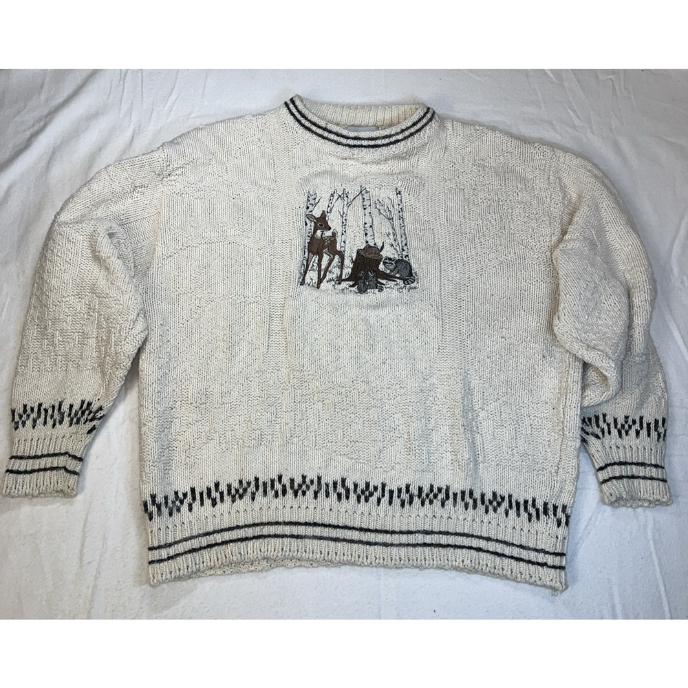 Croft & Barrow VTG 90s Ivory Deer, Raccoon Embroidered 100% Cotton LG Sweater